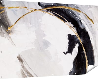 Gards Tuinposter Abstracte Kunst - Wit met Zwart en Goud - 180x120 cm - Tuindoek - Tuindecoratie - Wanddecoratie buiten - Tuinschilderij