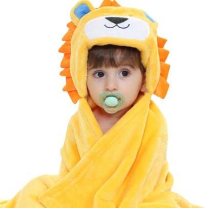 BoefieBoef Leeuw 2-in-1 Fleece Badcape & Wikkeldeken voor Baby's/Peuters met Dierencapuchon: Warm, Zacht & Comfortabel - Ideaal als Kerst- Verjaardags of Kraamcadeau – Geel Blauwe Oren
