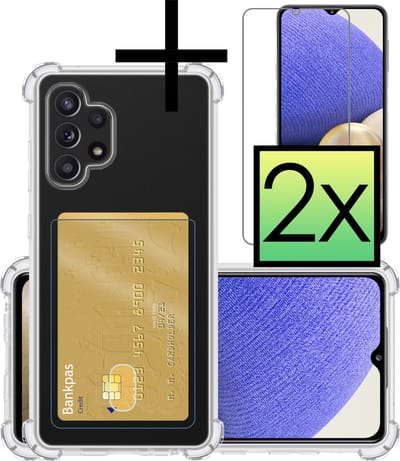 Hoesje - Geschikt voor Samsung Galaxy A32 5G - Met 2x Screenprotector - Pashouder - Kaarthouder - Telefoon Hoes Shockproof - Siliconen Case - Back Cover - Shock Proof - Pasjes Houder - Transparant