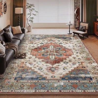 Tapis Doux Rétro Persan Décoration Salon Maison Canapé Tapis Facile à Nettoyer Grande Surface Chambre à Coucher Chevet Tapis de Sol Pelucheux Antidérapant 120*160cm