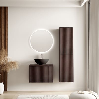 LOMAZOO Badmeubelset Ribbel Walnoot 60 cm - Waskom Zwart - Badkamermeubel Set Bruin Geribbeld - Wastafelmeubel - Waskom Opbouw - Badkamerkast hoog [TROPANI]