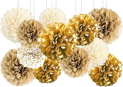 Set van 12 Gouden Pompoms van Zijdepapier in 4 Kleuren, Versiering voor Feesten, Bruiloften en Muurdecoratie in 3 Maten