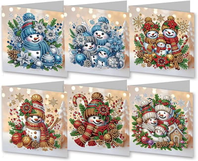 6x Diamant Schilderen Kerstkaarten Set - Knutselkaarten met Thema Sneeuwpop