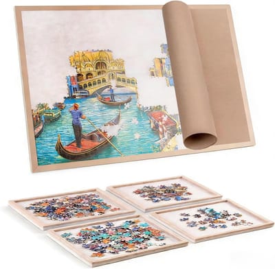 Opvouwbare Puzzeltafel - Puzzelmat Sorteerbak - Puzzelplezier Thuis - Met 4 Sorteerschalen - 80x61cm - Grijs