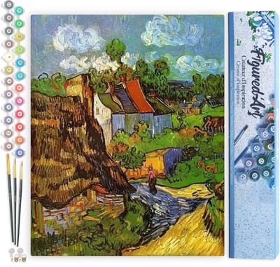Figured'Art Schilderen op Nummer Volwassenen canvas Van Goghhuizen in Auvers - Handwerk acrylverf Kit DIY Compleet - 40x50cm zonder frame