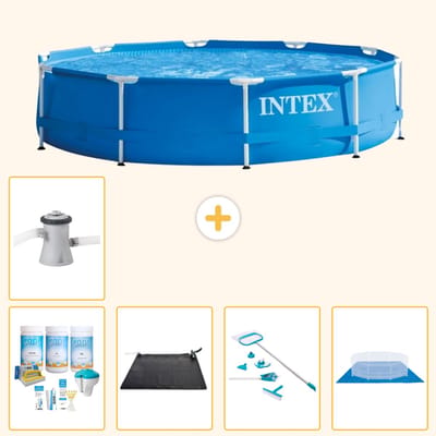 Intex Rond Frame Zwembad - 305 x 76 cm - Blauw - Inclusief Onderhoudspakket - Solar Mat - Schoonmaakset - Grondzeil - Zwembadfilterpomp - 6-delig
