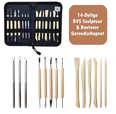 14‑delige Boetseerspatels - modelleer‑ en sculptuur set – boetseer- en beeldhouwpakket - modelleertools met houten handvat en RVS – incl. etui - duurzame tools