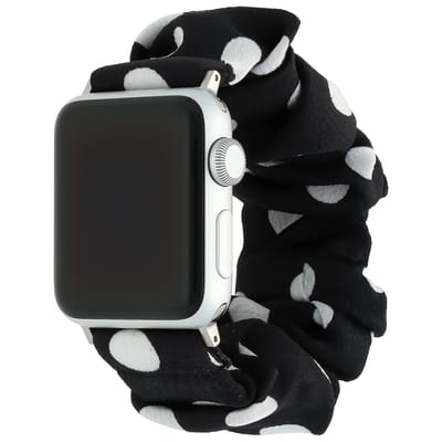 123watches bandje Savara - scrunchie - nylon - zwart met witte stippen - 44 · 45 · 46 & 49 mm · S/M - Geschikt voor Apple Watch series 1/2/3/4/5/6/7/8/9/10/11/12/SE/SE2/SE3/Ultra/Ultra 2/Ultra 3/Ultra 4