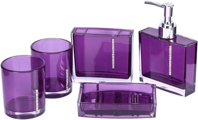 Paarse Badkameraccessoires Set van 5 Stukken met Zeepdispenser, Tandenborstelhouder en Beker voor Thuis en Hotel