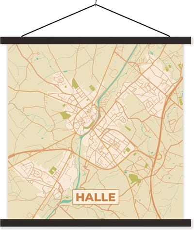 Posterhanger incl. Poster 60x60 cm - Schoolplaat - Plattegrond - Stadskaart - Halle - Vintage - Kaart - Textielposter - Zwarte latten - Stadskaart