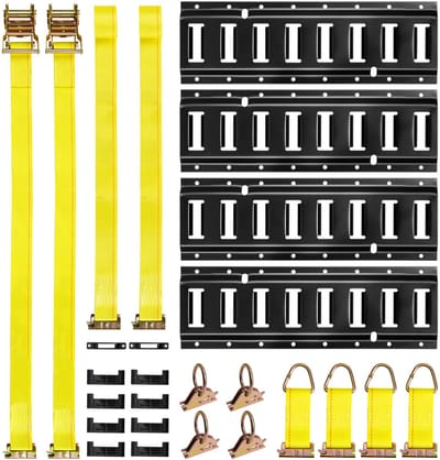 E-Track Vastzetrails Set, 4-Pack 0.4 m Tracks Set, 21-Delige Set Met 2 Ratelschroefbanden, 4 O-Ringen, 4 D-Ring Vastzetpunten, 2 Enkele Sleuven, 8 Eindkappen en Opslagt tas, Geschikt voor Garages, Vans en Aanhangwagens