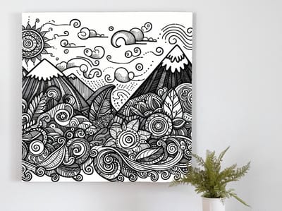 Doodle zwart wit schilderij | Monochrome magische schets: een zwart-wit speels kunstwerk vol liefde | Kunst - 100x100 centimeter op Forex | Foto op Forex