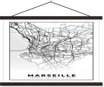 Posterhanger incl. Poster 60x40 cm - Schoolplaat - Marseille - Kaart - Stadskaart - Frankrijk - Plattegrond - Zwart wit - Textielposter - Zwarte latten - Stadskaart