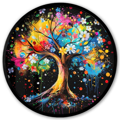 Poster in lijst Rond - Fotolijst 40x40 cm - Posters - Boom - Kleurrijk - Bloemen - Zwart - Ronde posterlijst zwart - Decoratie - Wanddecoratie woonkamer - Muurdecoratie slaapkamer