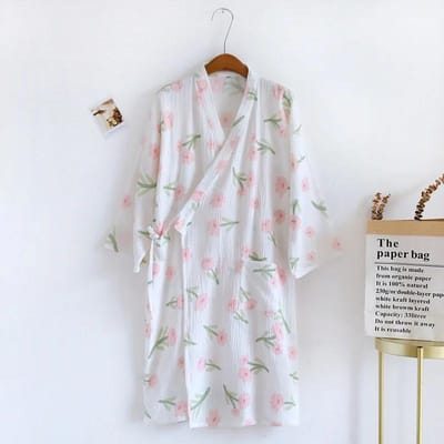 Kimono Badjas Lente en Herfst Dames Puur Katoen Crêpe Dun Zomer Badjas Huiskleding Pyjama Badjas M white