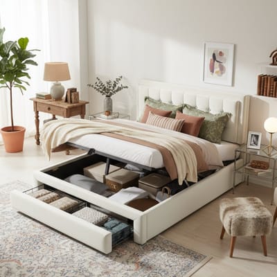 Gestoffeerd tweepersoons opbergbed met hydraulische lift en 2 metalen lades - Voor slaapkamer en logeerkamer 140x190 cm - Beige fluweel - Verstelbaar hoofdeinde ±10 cm - Stabiel tot 300 kg