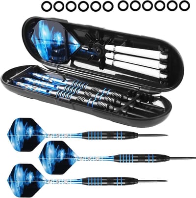 Professionele Stalen Darts met Metalen Punt - Set van 3 Darts van 22g met Aluminium Schacht, Vervangvleugels en Rubberen Ringen voor Precisie en Prestaties