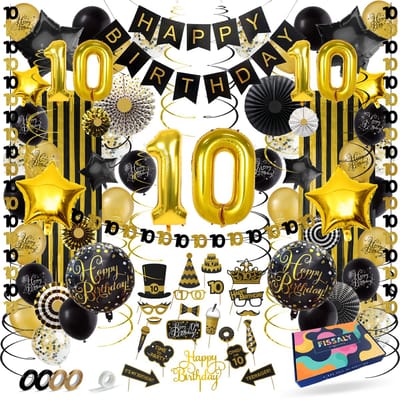 Fissaly 10 Jaar Verjaardag Decoratie Versiering - Ballonnen – Jongen & Meisje - Zwart en Goud