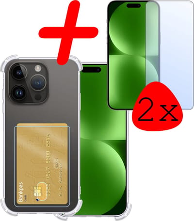 Hoesje Geschikt voor Apple iPhone 15 Pro - Met 2x Screenprotector - Pashouder - Kaarthouder - Telefoon Hoes Shockproof - Siliconen Case - Back Cover - Shock Proof - Pasjes Houder - Transparant