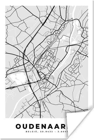 Poster Zwart Wit – België – Plattegrond – Stadskaart – Kaart – Oudenaarde - 120x180 cm XXL