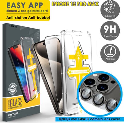 CL CHLIN® EASY APP premium screenprotector voor iphone 15 Pro Max, tijdelijk met Gratis camera lens cover - Iphone 15 Pro Max screenprotector 9H gehard glas met automatische zelf plak case - screenprotector - iphone 15 Pro Max screen protector