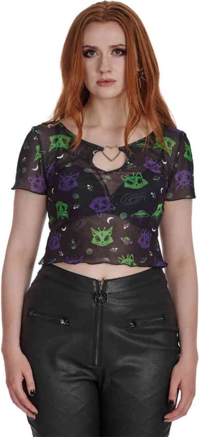 Banned - Alien Space Cat Mesh Cut-Out Top - XS - Zwart