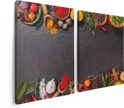 Artaza Canvas Schilderij Tweeluik Verschillende Kruiden Op Een Zwarte Tafel - 120x80 - Foto Op Canvas - Canvas Print