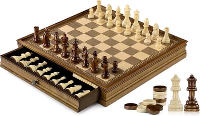 Schaakspel 2-in-1 magnetisch schaakspel van walnoothout, 32 x 32 cm schaakbord met opberglade en 2 Queen stukken, speelgoed en cadeau voor kinderen