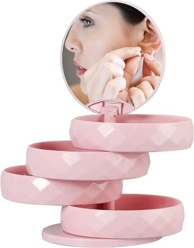 STAR&STER Sieraden Organizer, IDEAAL CADEAU ,Draaibare Kleine Sieraden Doos Oorbel Houder voor Vrouwen, Spiegel Sieraden Opbergdoos 4-Laags Roterende Sieraden Accessoire Opbergvak met Deksel voor Oorbellen Kettingen Armbanden