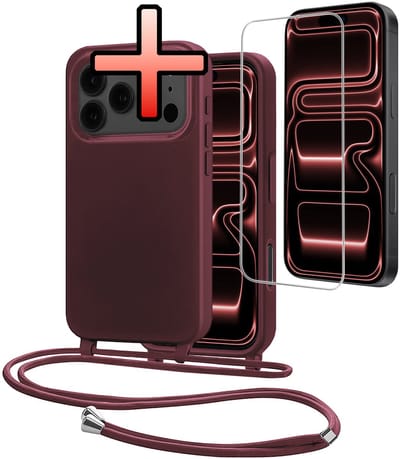 Hoes Geschikt voor iPhone 17 Pro Met Telefoonkoord Met Screenprotector - Siliconen Hoesje Backcover Met Ketting - Aubergine
