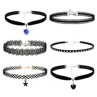 Zwarte ketting dames choker set met fluweel, kant en hartje hanger – 6-delige Gothic ketting set met ster hanger, bloemen choker, velvet halsketting en punk stijl accessoires
