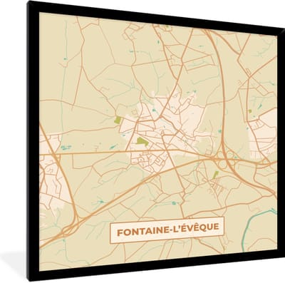 Fotolijst incl. Poster - Vintage - Fontaine-L'Évêque - Kaart - Plattegrond - Stadskaart - 40x40 cm - Posterlijst