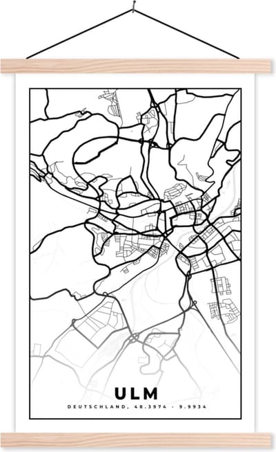 Posterhanger incl. Poster 40x60 cm - Schoolplaat - Plattegrond - Ulm - Kaart - Stadskaart - Textielposter - Blanke latten - Stadskaart