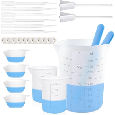 Dailygoods- Maatbeker Set 450ml/100ml - Siliconen Maatbekers - Roerstokken/Mengspatels - Druppelpipetten - Vingerdoekjes - Perfect voor Hars Maken - Meetbeker