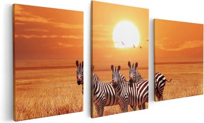 Artaza Canvas Schilderij Drieluik Drie Zebra's Bij Zonsondergang - 120x60 - Foto Op Canvas - Canvas Print