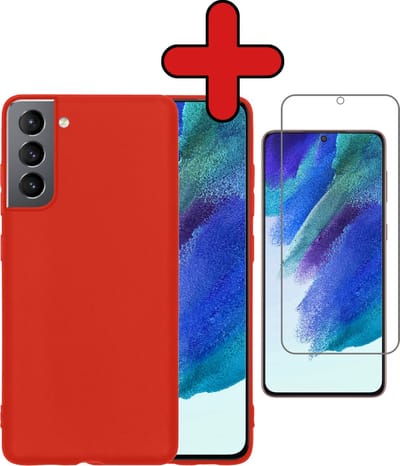 Hoesje - Met Screenprotector - Geschikt voor Samsung Galaxy S21 FE - Sterk & Shockproof - Telefoon Hoes - Back Cover - Siliconen Case - Telefoonhoes - Rood