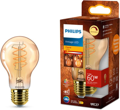 Philips Vintage LED - Dimbare lamp - 60W - Extra warmwit licht: 2200K - E27 fitting - Amberkleurig glas - Standaard lampvorm