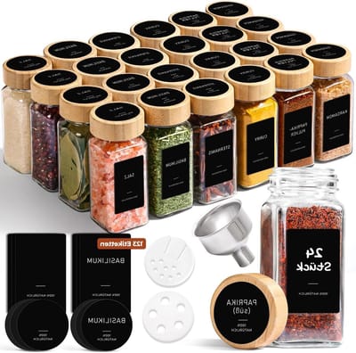 Set van 24 glazen specerijpotjes van 120 ml voor keukenopslag, ideaal voor kruiden, overzicht en organisatie in lades en kasten