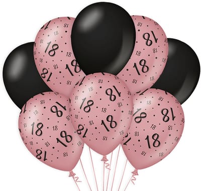 BTH - Latex Ballonnen - 18 Jaar - Rose-Zwart - Ballonnen - Verjaardag - 18 Jaar Verjaardag Versiering - Decoratie - 8 st.