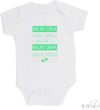 100% katoenen Romper "Mijn opa kan alles, maar mijn oma doet alles" Unisex Katoen Wit/mint Maat 56/62