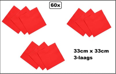 60x Servetten rood 33cm x 33cm - 3 laags - Cocktail servet diner eten knoeien restaurant BBQ thema feest verjaardag feest