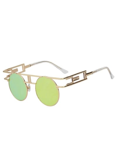 KIMU® Ronde Zonnebril Steampunk Burning Man - Goud Montuur Rond - Limegroene Spiegelglazen - Geel Groen Gele Groene Gouden Retro Vintage Festival