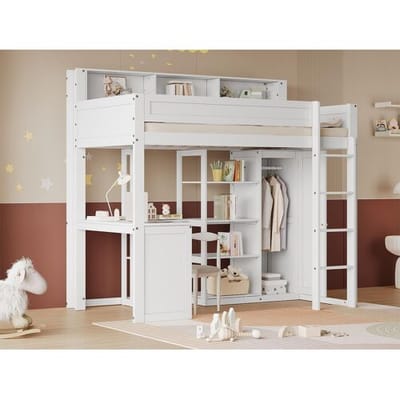 ModernLuxe Hoogslaper in grenenhout en MDF - 90x200 cm - met planken erboven, bureau en kledingkast - Wit