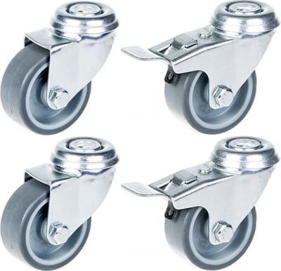50 mm zwenkwiel met grijze rubberen band, zwenkbaar en met rem, draagvermogen 160 kg, set van 4