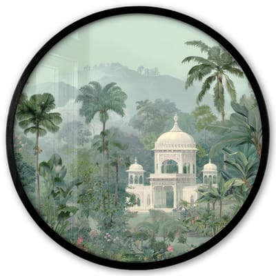 Poster in lijst Rond - Fotolijst 40x40 cm - Posters - Tropische tuin - Koepelgebouw - Bloemen - Ronde posterlijst zwart - Decoratie - Wanddecoratie woonkamer - Muurdecoratie slaapkamer
