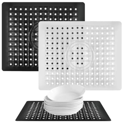 2 Stuks Rechthoekige Gootsteenmat Rubber - 31 x 26 cm Antislip Spoelbakmat met Afvoergat - Beschermmat voor Keuken en Badkamer - Zwart en Wit