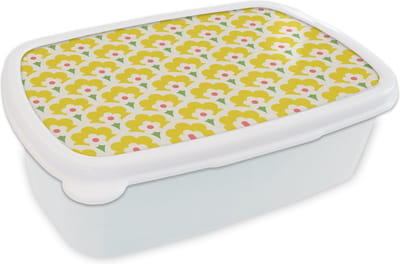 Broodtrommel Wit - Lunchbox Design - Retro - Seventies - Geel - Brooddoos 18x12x6 cm - Brood lunch box - Broodtrommels voor kinderen en volwassenen
