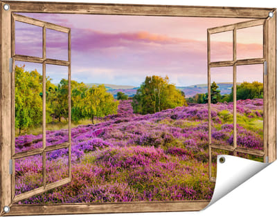 Gards Tuinposter Doorkijk Paarse Weide - 90x60 cm - Tuindoek - Tuindecoratie - Wanddecoratie buiten - Tuinschilderij