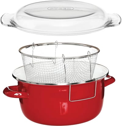 5L Emaille Chip Pan - Glazen Deksel - Rode Friteuse - Kleine Friteuse 16x33x27