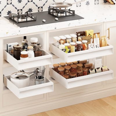 set van 4 uitschuifbare lades voor de keuken, telescopische lades met handvat, verstelbare breedte 31-52cm, organizer voor kasten, met zelfklevende verhogers, zonder boren, wit